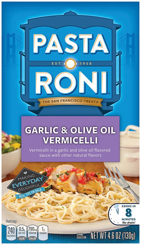 Pasta Roni Garlic & Olive Oil Vermicelli box highlights quick weeknight dinner option