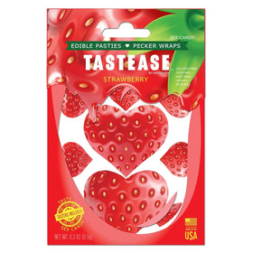 Pastease heart-shaped strawberry pasties for playful edible wear on skin.