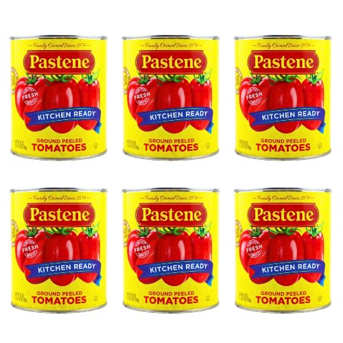 Pastene Kitchen Ready ground peeled tomatoes 28oz can, front view, ideal base for sauces.