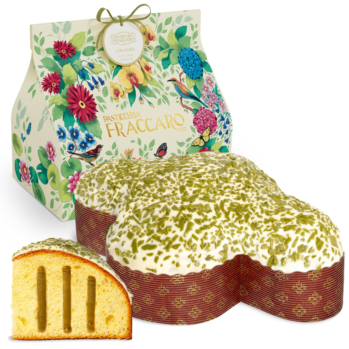 Pasticceria Fraccaro 1932 pistachio cream colomba slice, ideal for Easter sharing