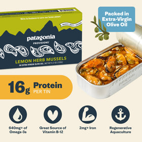 Patagonia Provisions mussels in olive oil over pasta, quick pantry meal