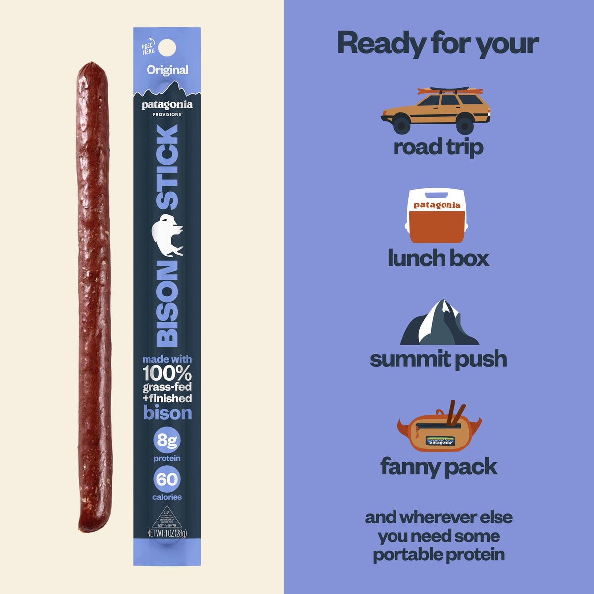 Patagonia Provisions original sticks on shelf show shelf-stable packaging