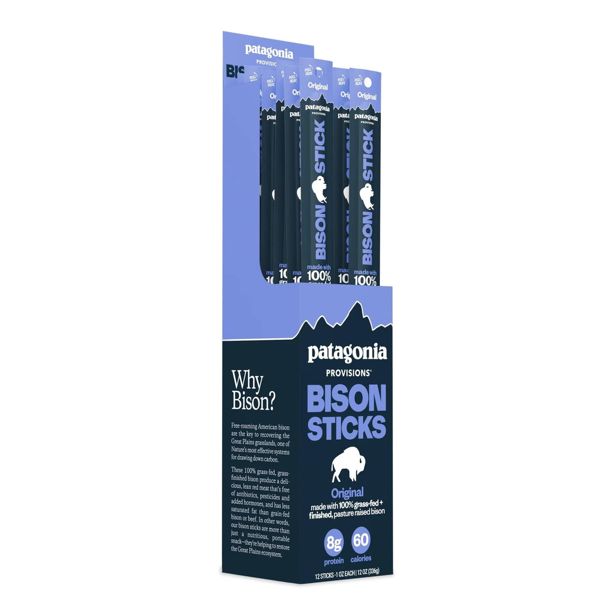 Patagonia Provisions Original Bison Sticks pack on shelf for on-the-go snacking
