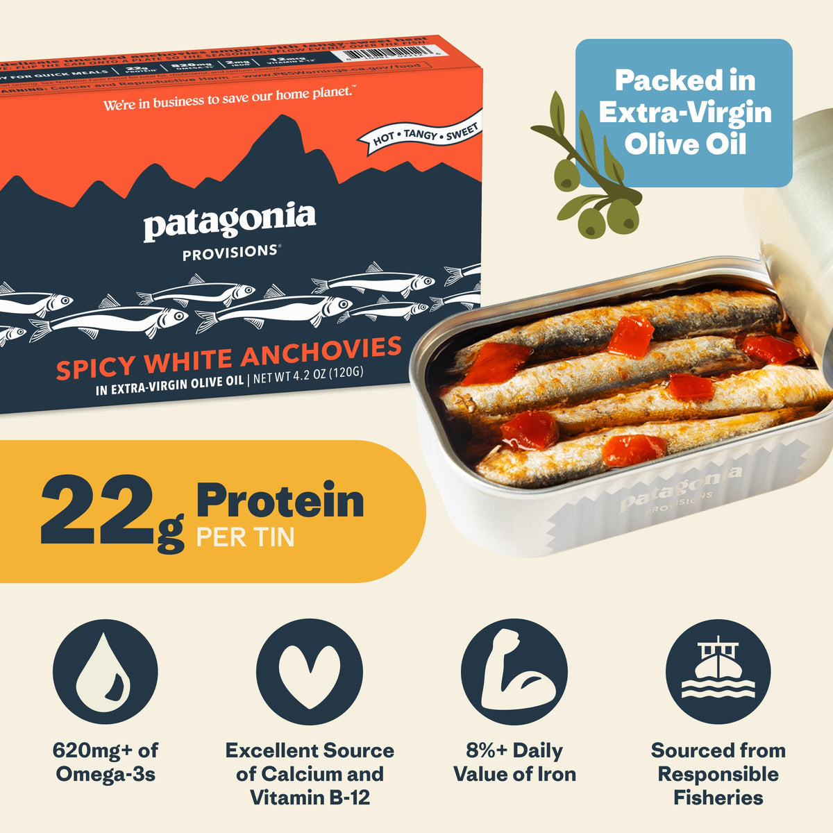 Patagonia Provisions spicy white anchovies in an opened can ready for quick meals.