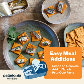 Patagonia Provisions spicy white anchovies texture close-up highlighting flaky, mild flavor.