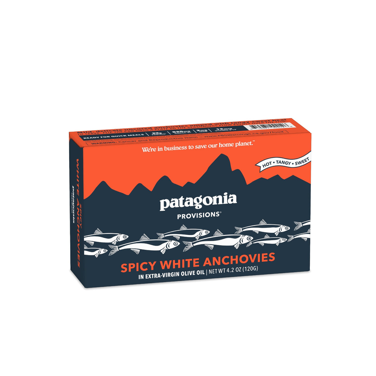 Patagonia Provisions spicy white anchovies in a tin showcasing delicate texture and protein boost.
