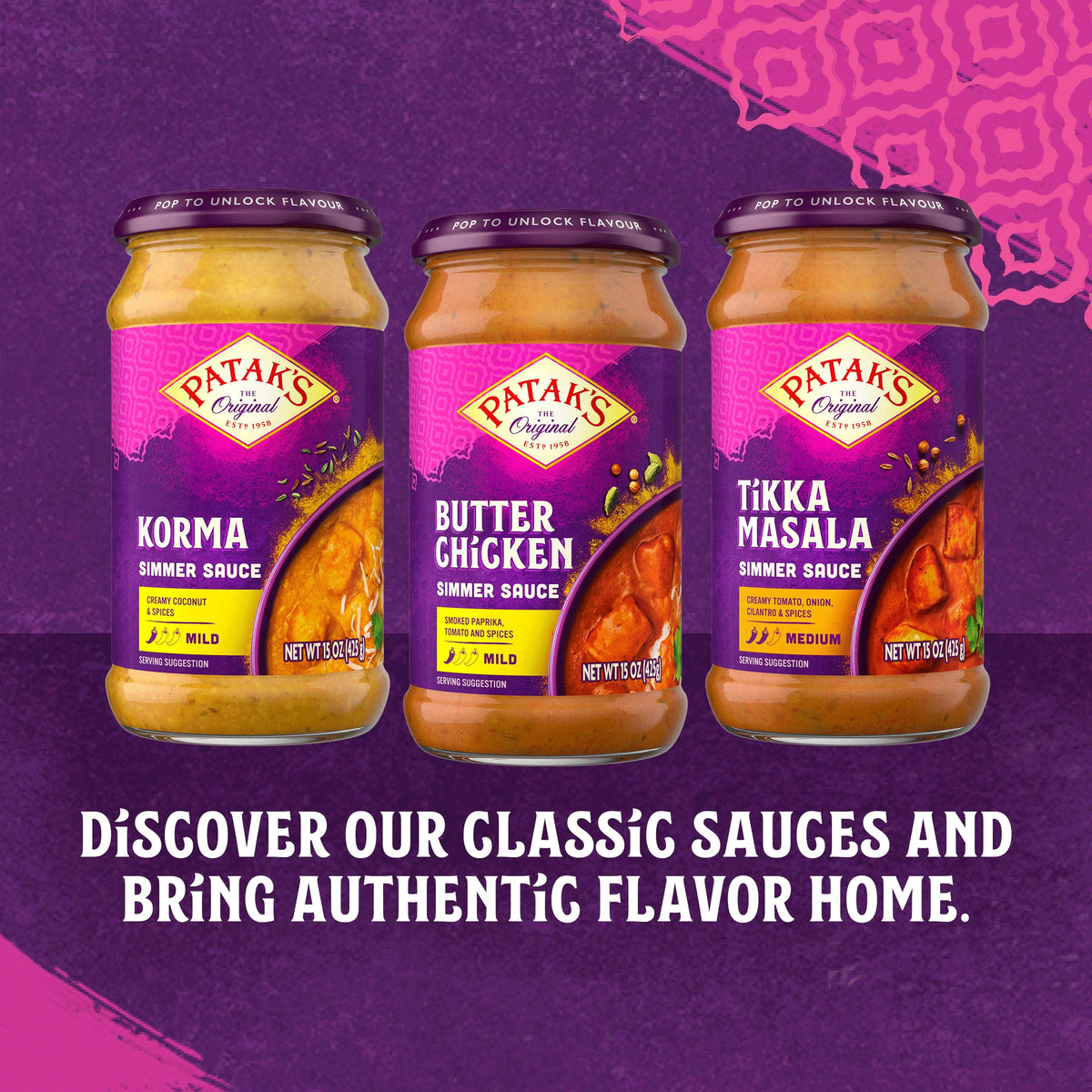 Pack of three Patak's Butter Chicken jars offers gluten-free meal prep.