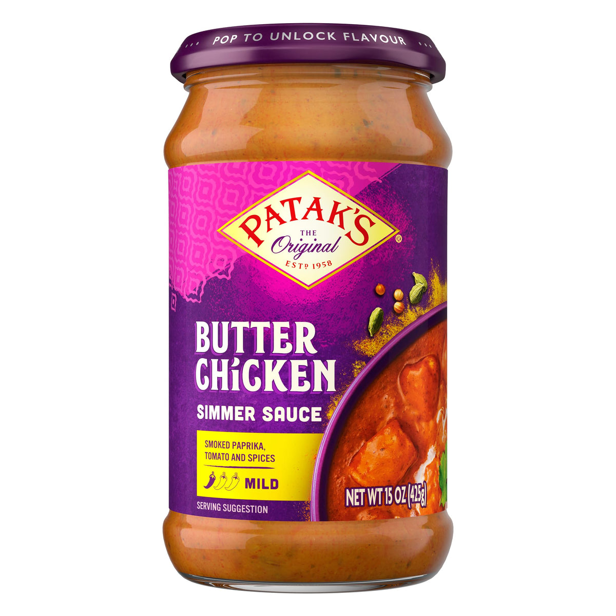 Patak's Butter Chicken sauce being poured for a quick, creamy curry.