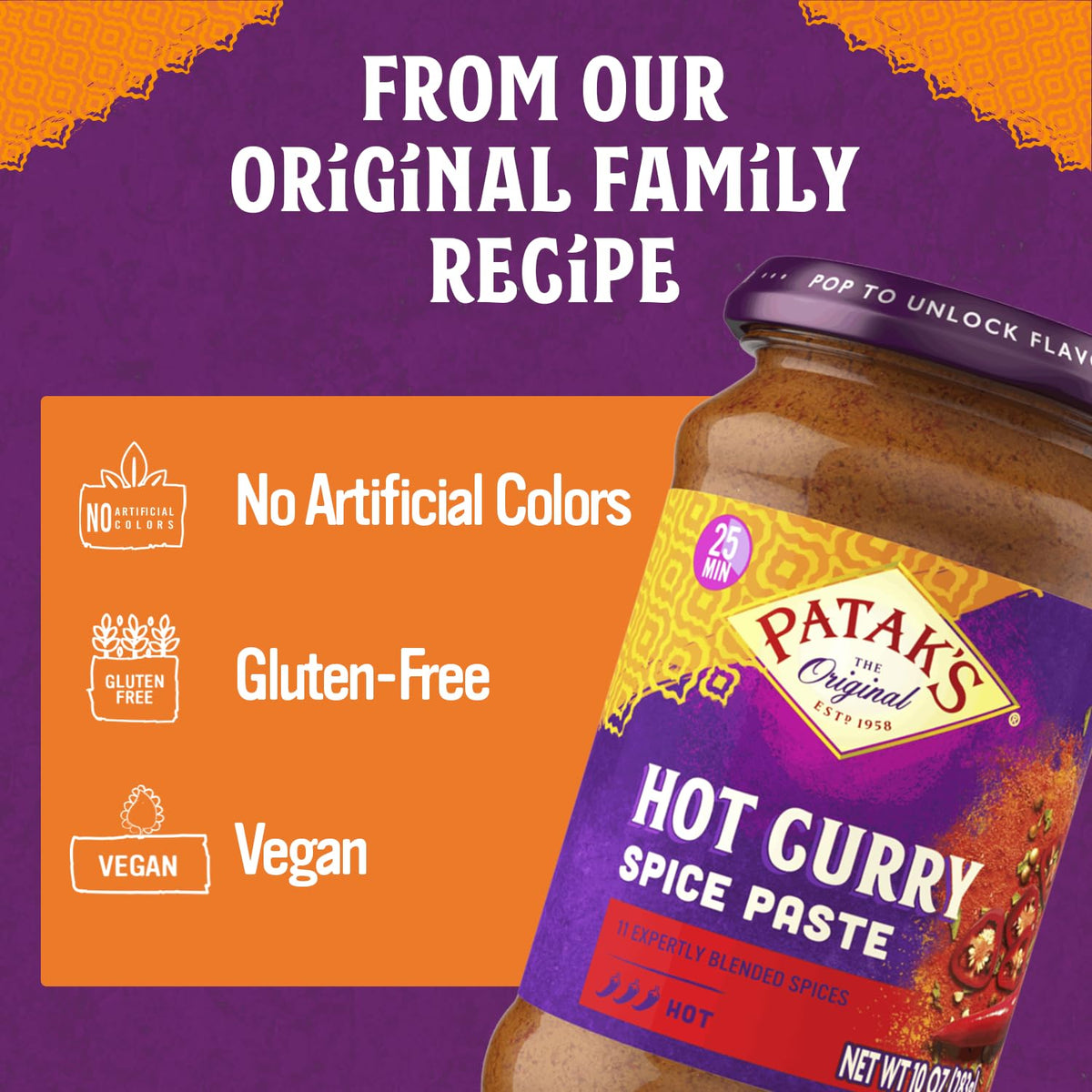 Patak's Hot Curry Spice Paste tamarind-garlic powder closeup highlights authentic flavor foundation.