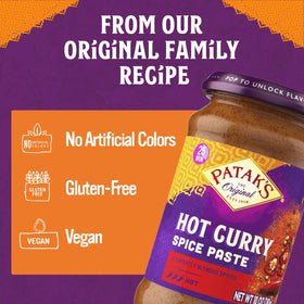 Patak's Hot Curry Spice Paste tamarind-garlic powder closeup highlights authentic flavor foundation.