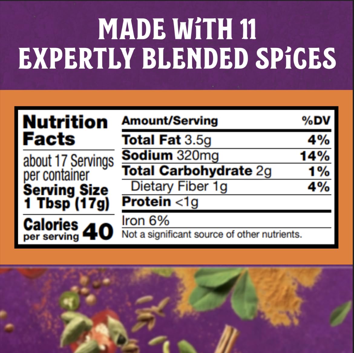 Close-up of Patak's label highlighting fresh ground spices and mild heat