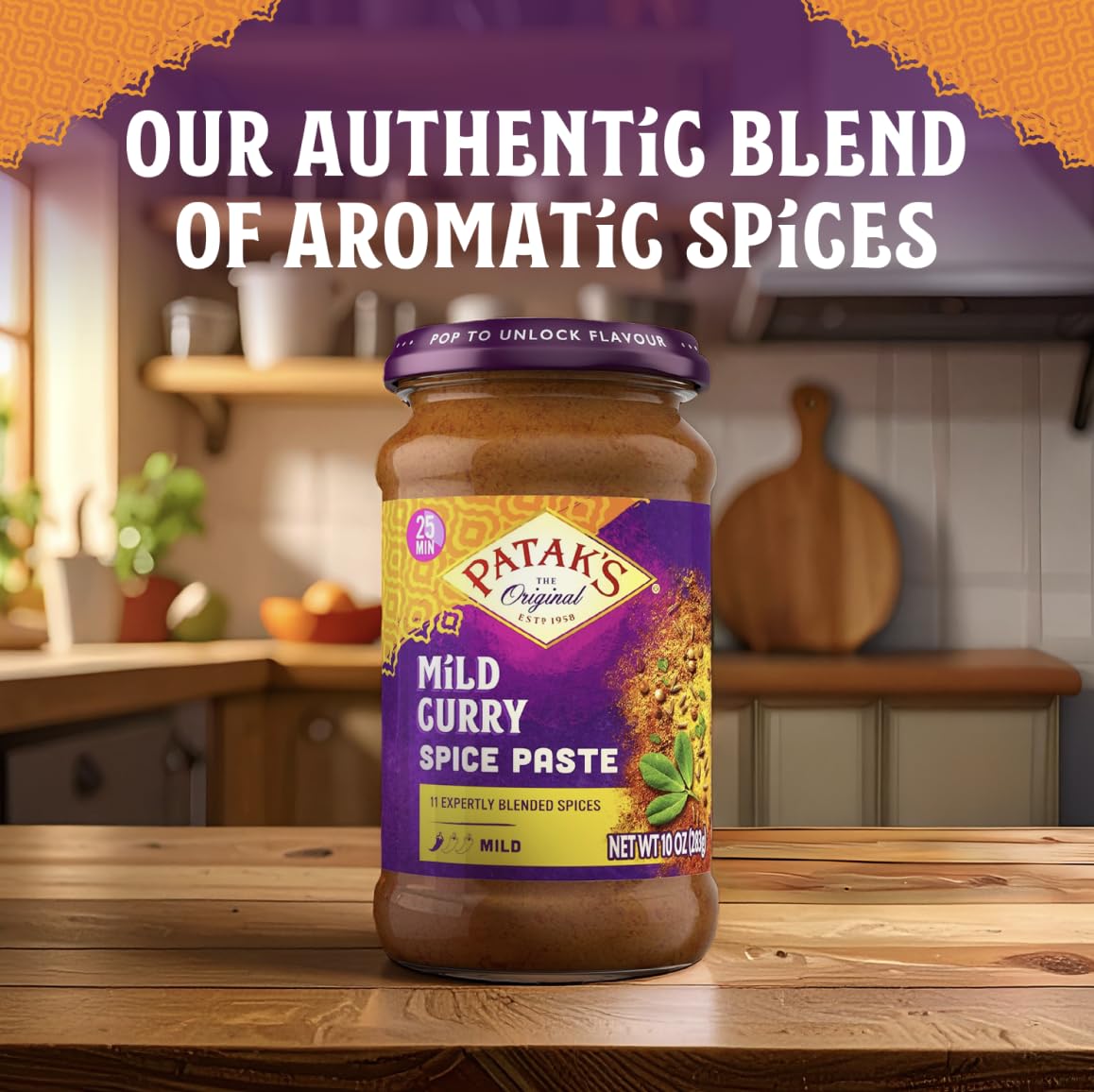 Pantry shelf with Patak's Mild Curry Paste pack ready for meals