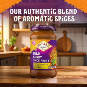 Pantry shelf with Patak's Mild Curry Paste pack ready for meals