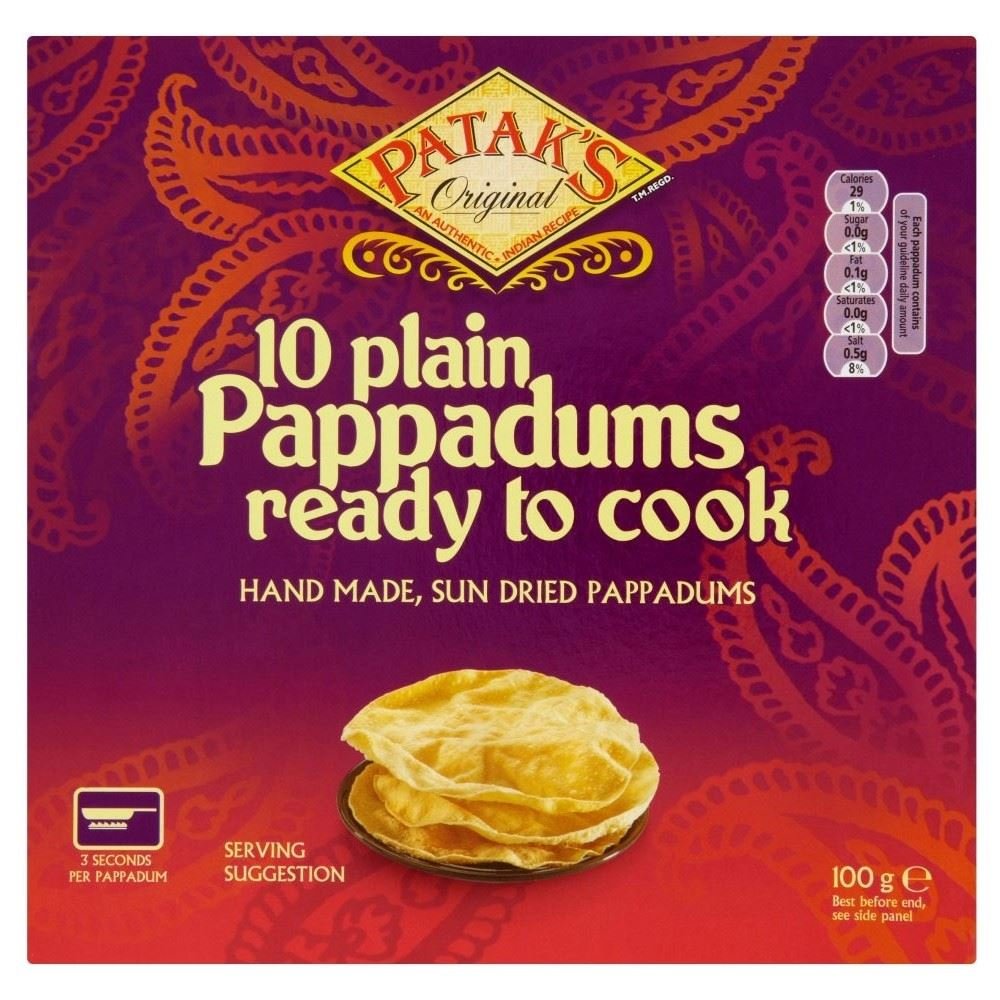 Patak's plain ready-to-cook pappadums two-pack for quick, versatile serving with dips.