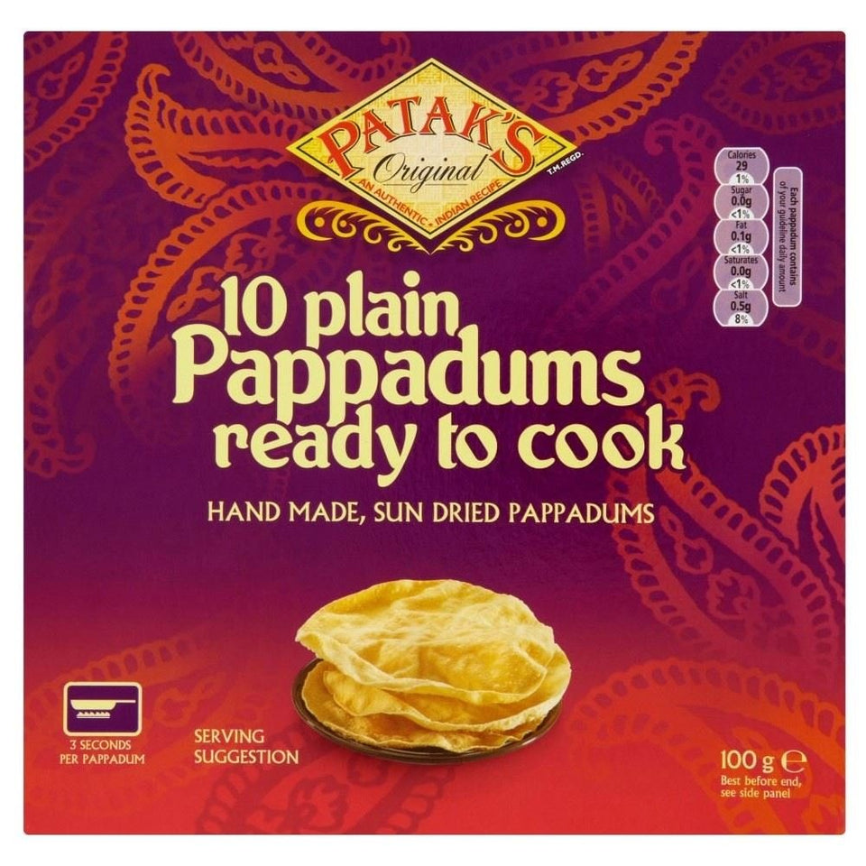 Patak's plain ready-to-cook pappadums two-pack for quick, versatile serving with dips.