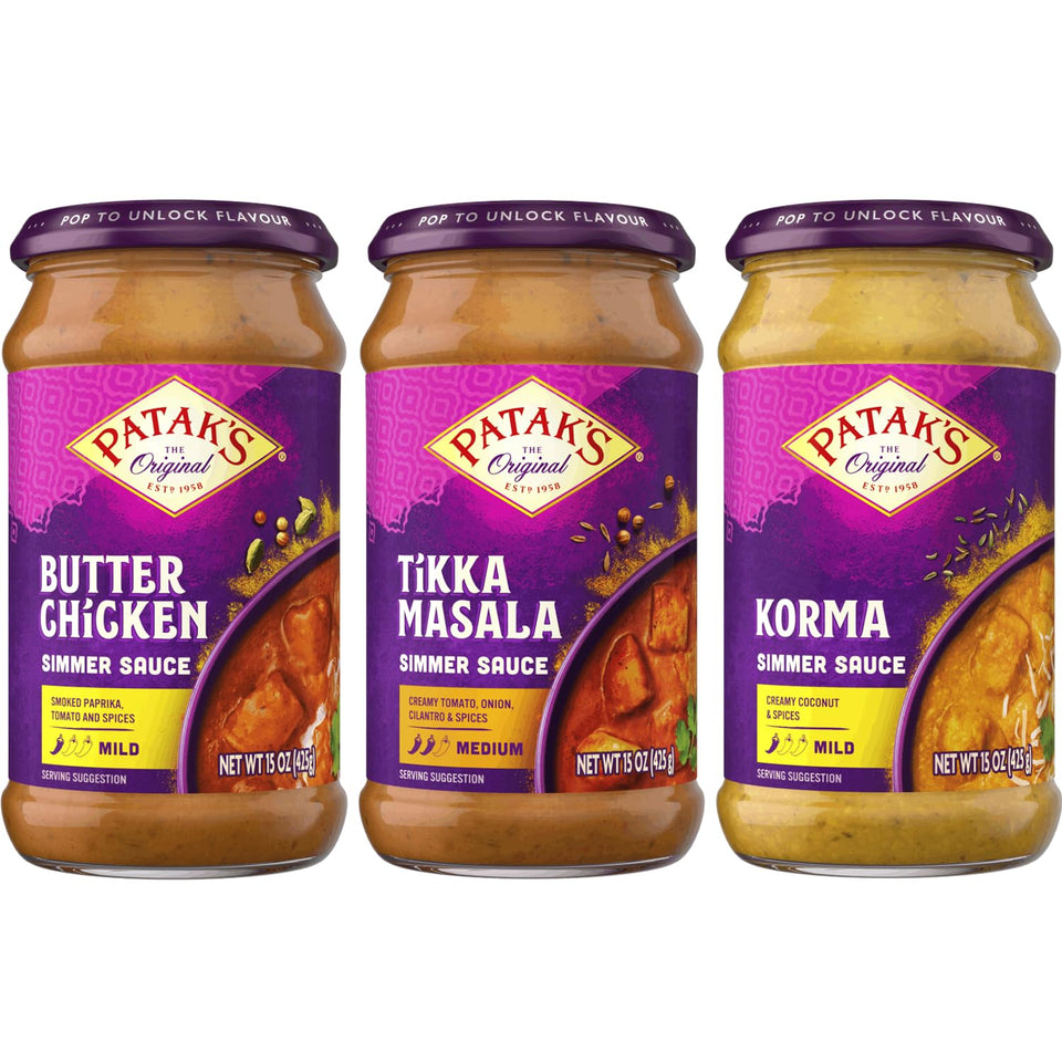 Patak's Butter Chicken simmer sauce jar for quick weeknight dinners.