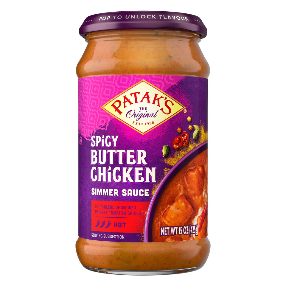 Patak's Spicy Butter Chicken Simmer Sauce jar with rich creaminess for quick curry at home