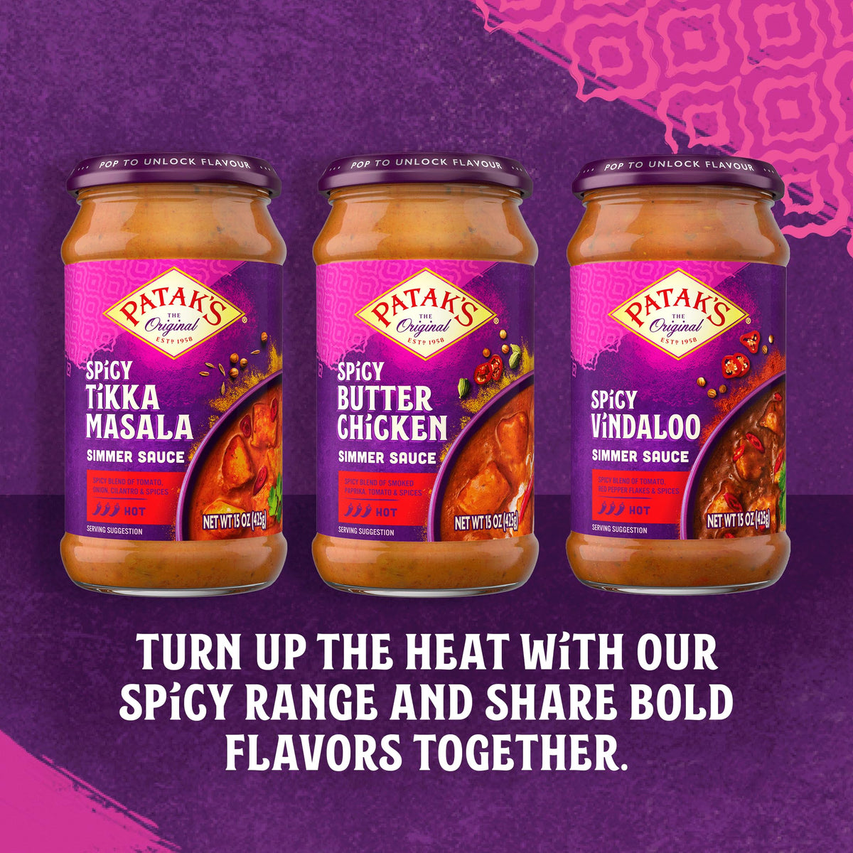 Pantry shelf with Patak’s 3-pack sauce bottles ready to heat