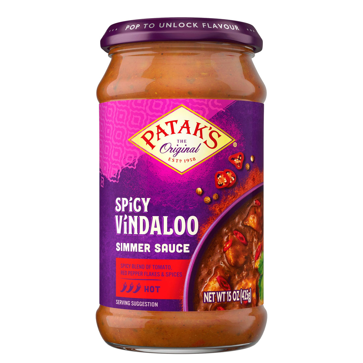 Patak’s Spicy Vindaloo simmer sauce jar front view for quick, bold curry