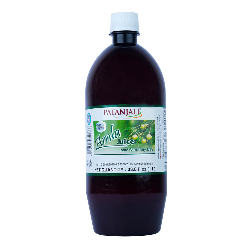 Patanjali Amla Juice bottle front view, 1L packaging for everyday wellness.