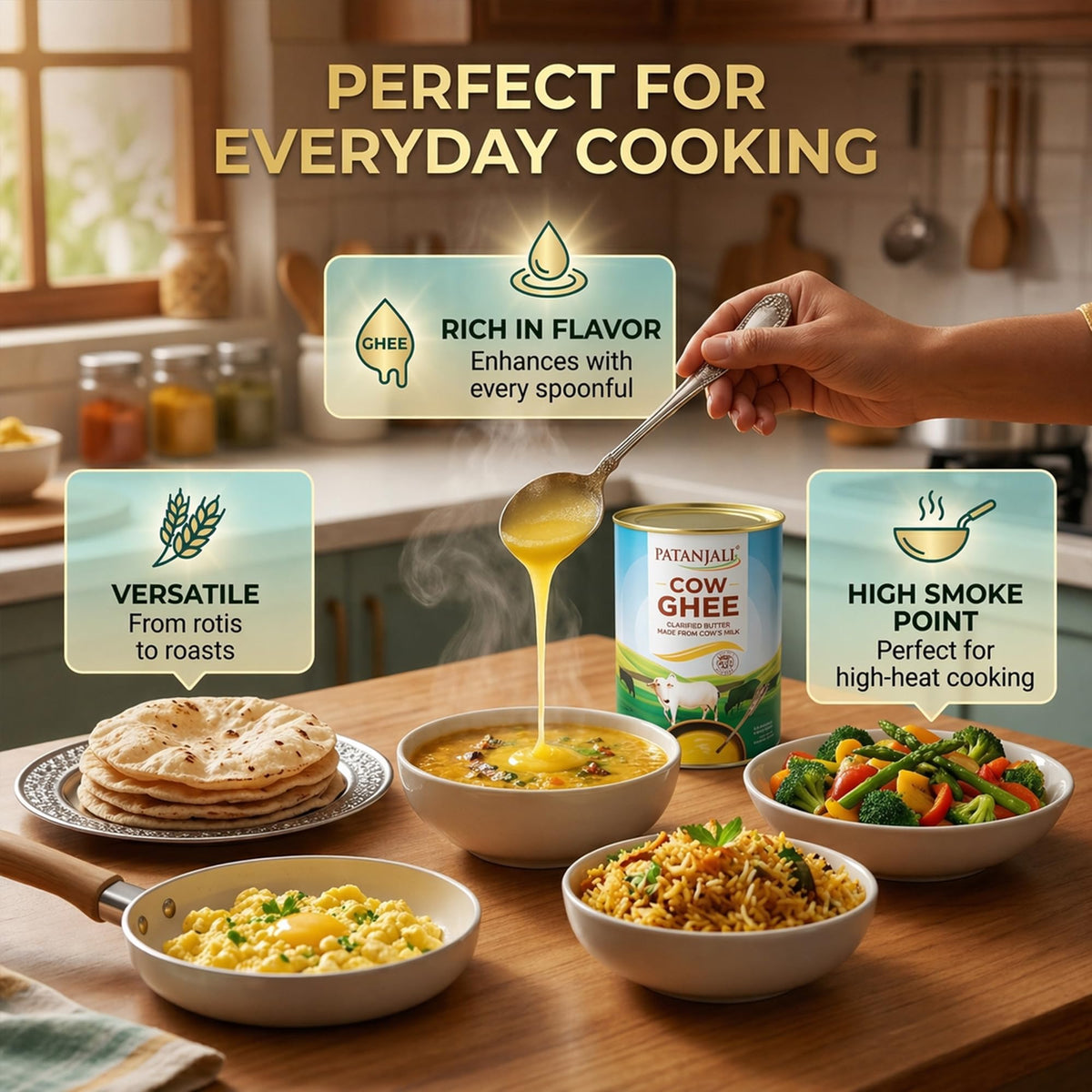 Patanjali Cow Ghee ideal for frying and sautéing.