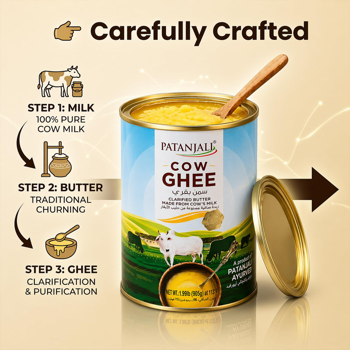 Patanjali Cow Ghee with granular texture enhances rice and dal.