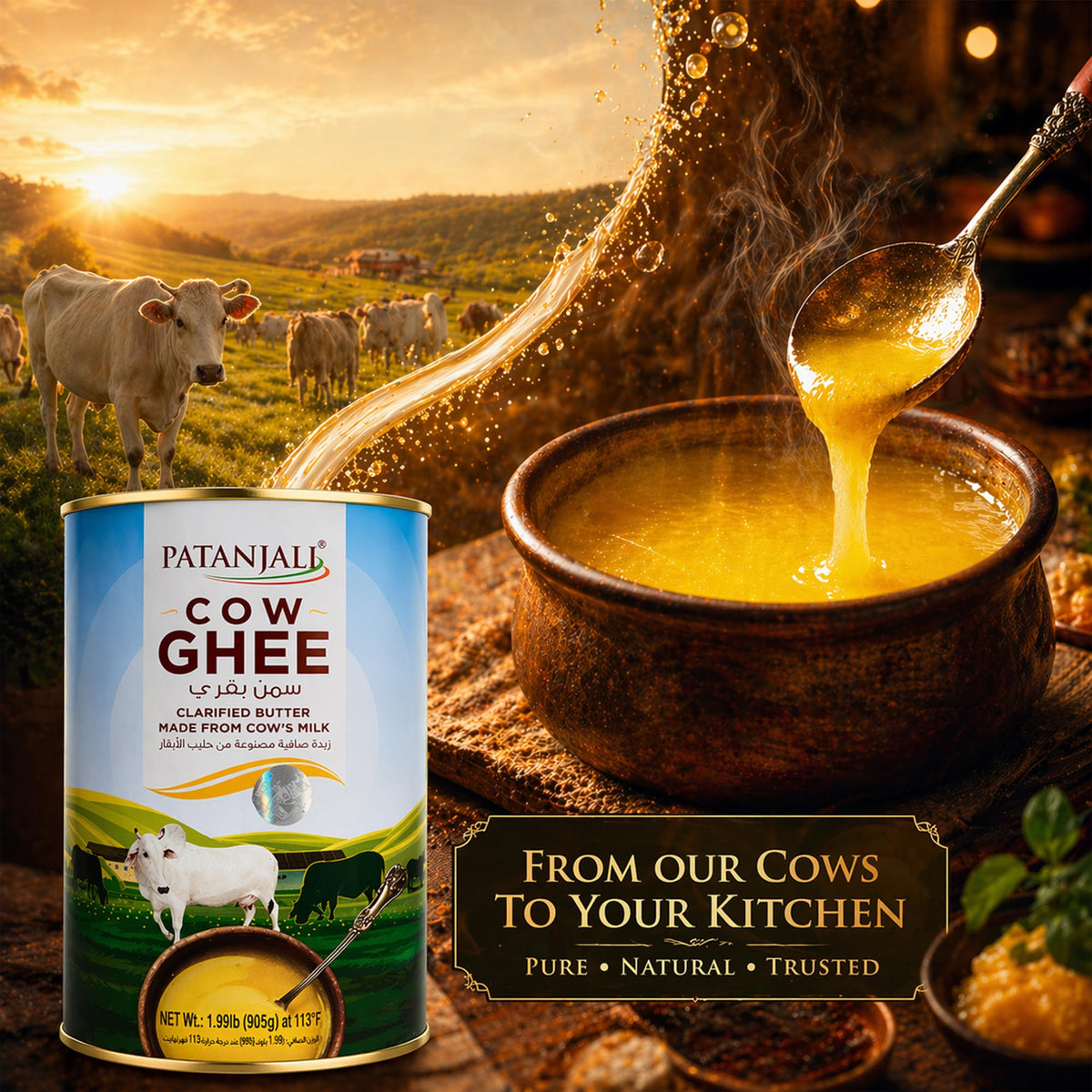 Patanjali Cow Ghee's premium packaging preserves aroma over time.