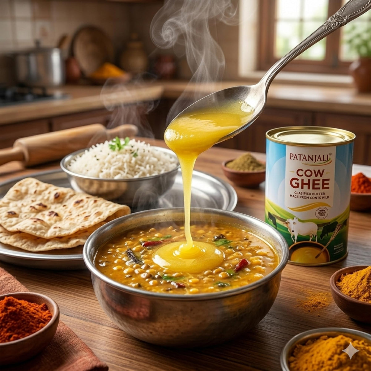 Patanjali Cow Ghee offers nutty flavor for everyday meals.