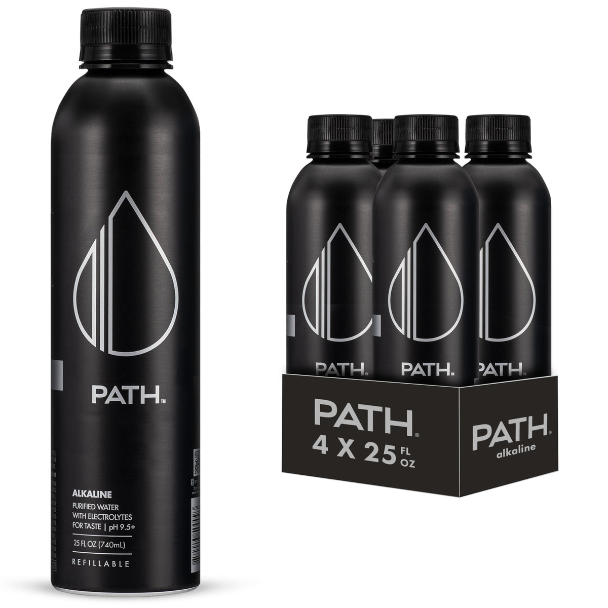 PATHWATER Path Alkaline bottle front view showcasing reusable aluminum design for sustainable hydration.