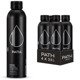 PATHWATER Path Alkaline bottle front view showcasing reusable aluminum design for sustainable hydration.