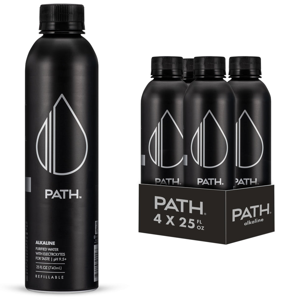 PATHWATER Path Alkaline bottle front view showcasing reusable aluminum design for sustainable hydration.