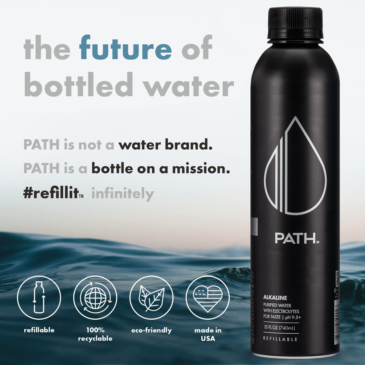 PATHWATER Path Alkaline bottle pour shot highlighting crisp, refreshing water on the go.