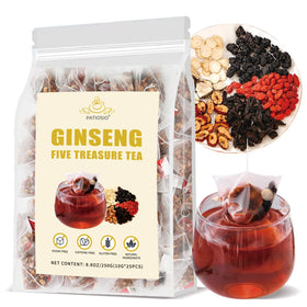 Patiosio Ginseng Five Treasure Tea box shows a premium blend for daily rituals.