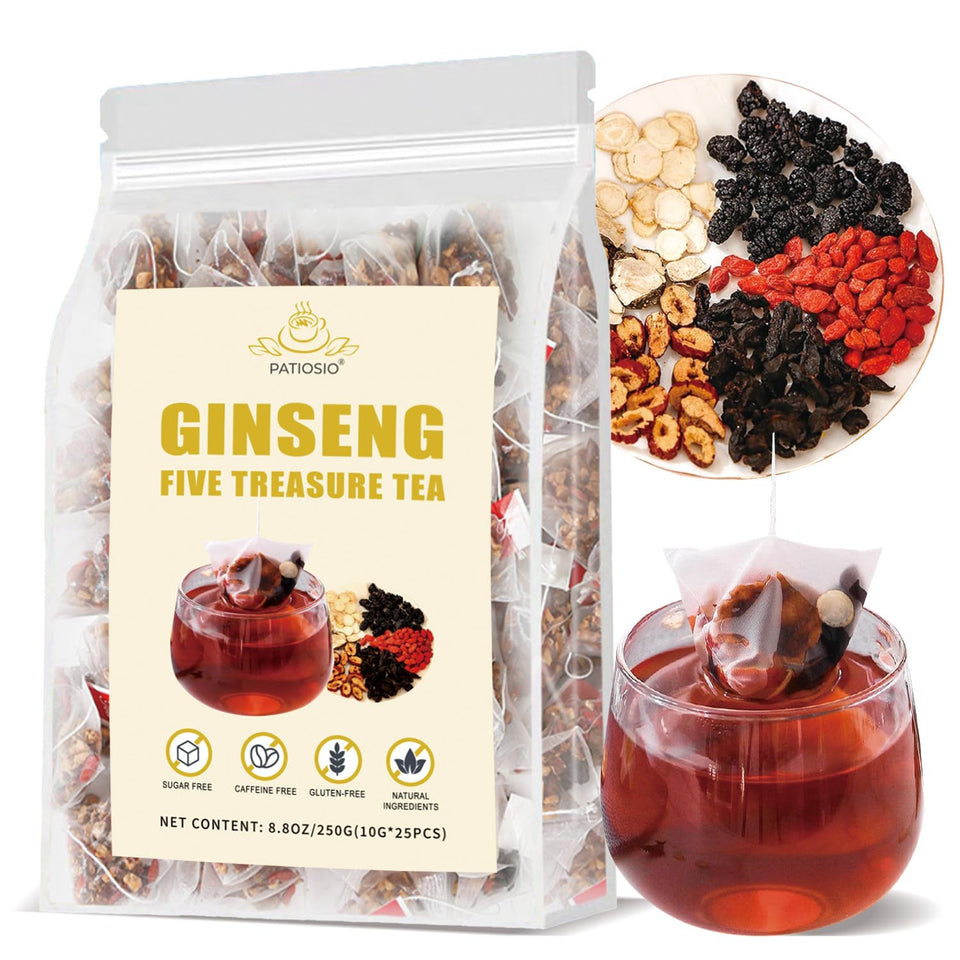 Patiosio Ginseng Five Treasure Tea box shows a premium blend for daily rituals.