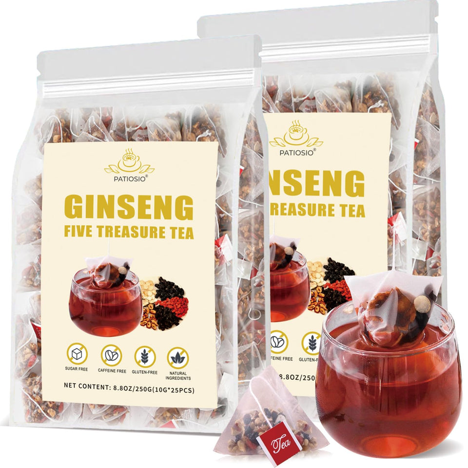 Patiosio Ginseng Five Treasures Tea box shows sachets for daily wellness