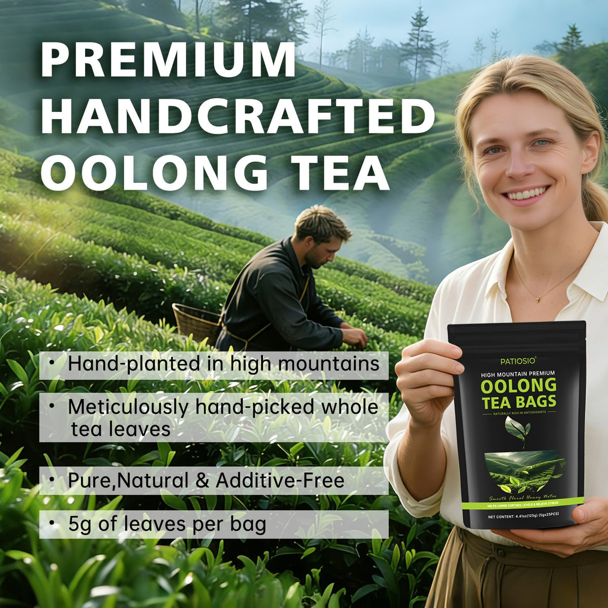 Patiosio oolong tea bags close-up leaf detail highlighting whole-leaf quality