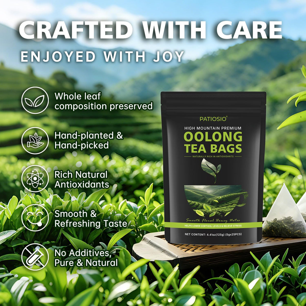 Patiosio oolong tea bags steeping in cup releasing smooth aroma
