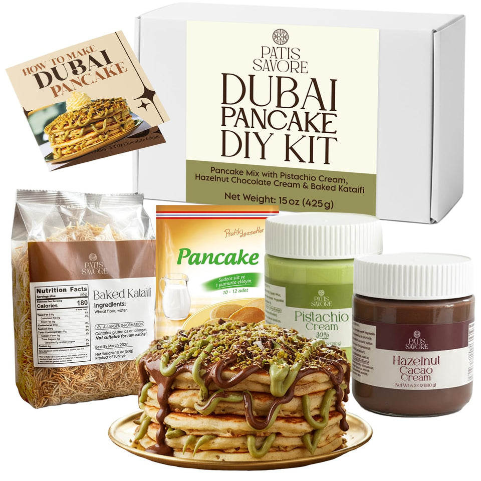 PATIS SAVORE Dubai Pancake DIY Set packaging with premium ingredients for easy at-home dessert