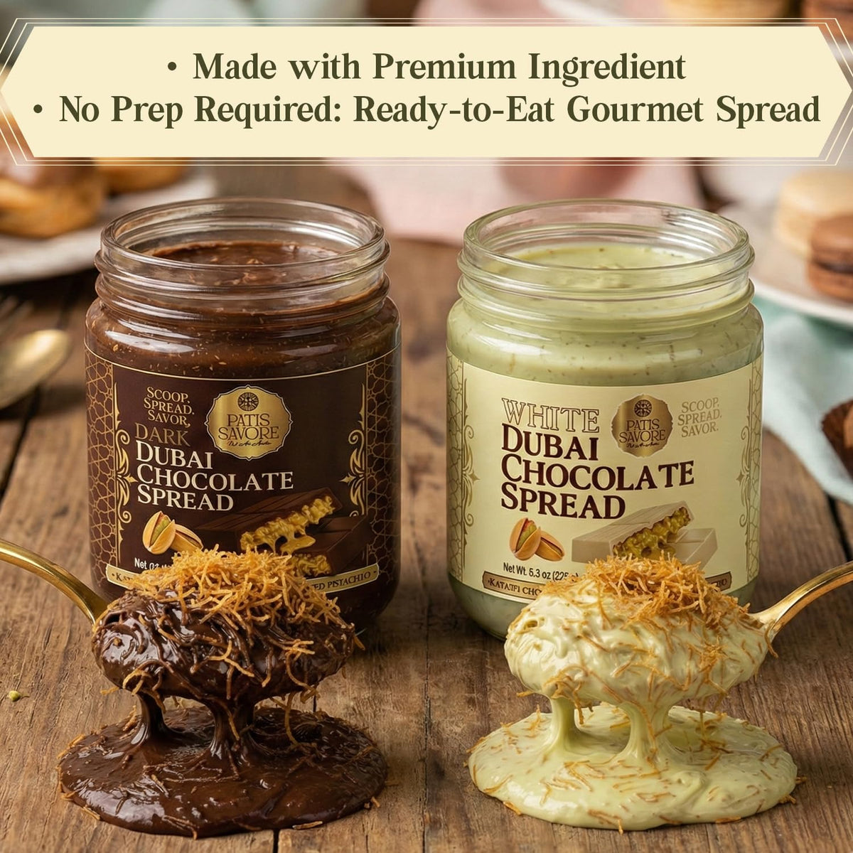 PATIS SAVORE Dubai Pistachio-Kataifi Filling with luxurious crunchy bits for a spread.