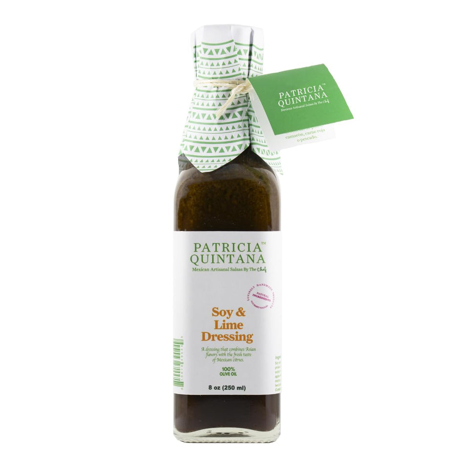 Patricia Quintana Soy & Lime Dressing bottle enhances salads with citrus-savory notes.