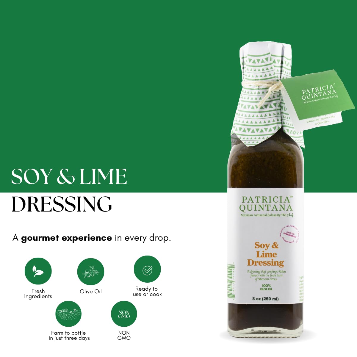 Patricia Quintana Soy & Lime Dressing closeup highlights fresh lime aroma and oil sheen.