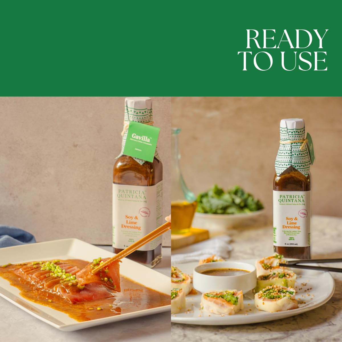 Patricia Quintana Soy & Lime Dressing glass-bottle on table signals premium artisanal quality.
