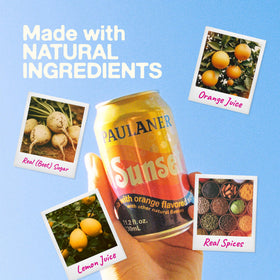 Serving glass with a pour shows a crisp, refreshing drink from Paulaner Sunset