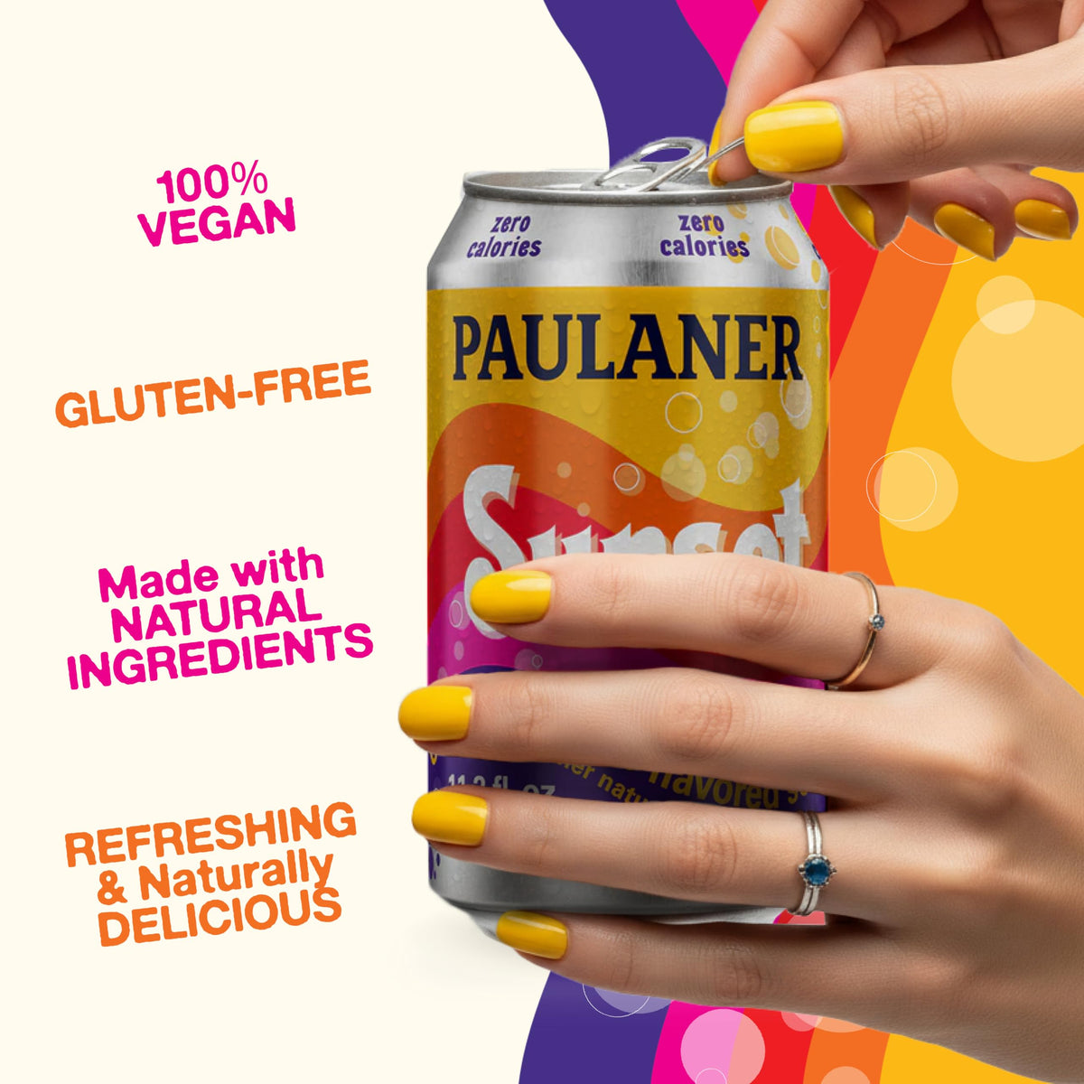 Paulaner Sunset Zero Orange Cola can side view, ideal for sharing in a 12-pack.