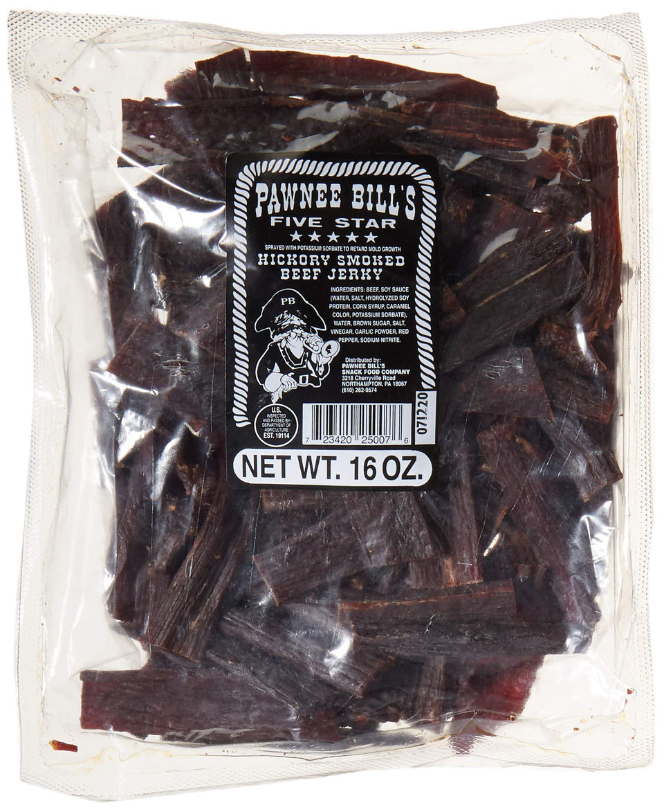 Pawnee Bill's Beef Jerky 16 oz bag shows original hickory smoking aroma.
