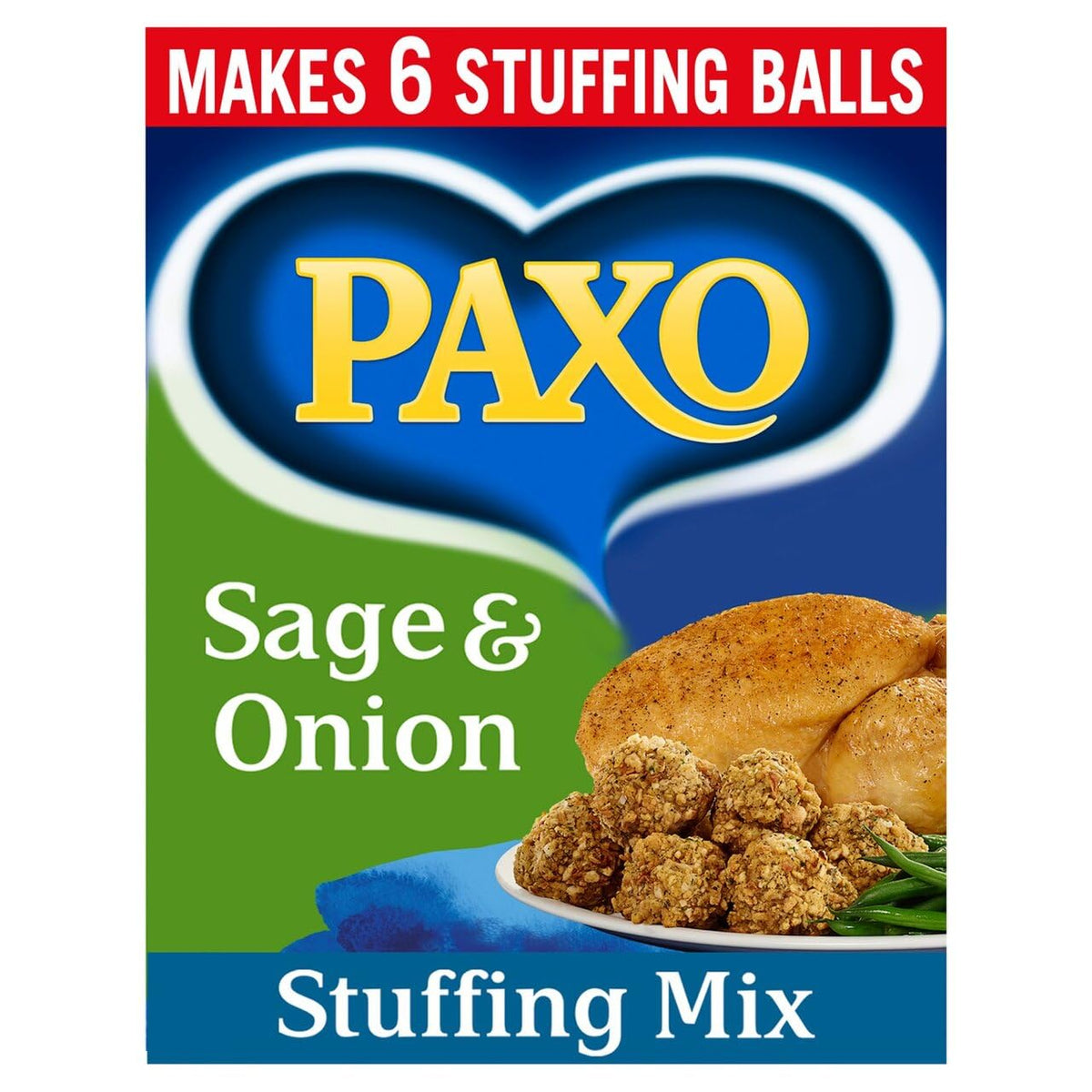 Paxo Sage and Onion Stuffing Mix 85g pack four, ideal for roasting dinners.