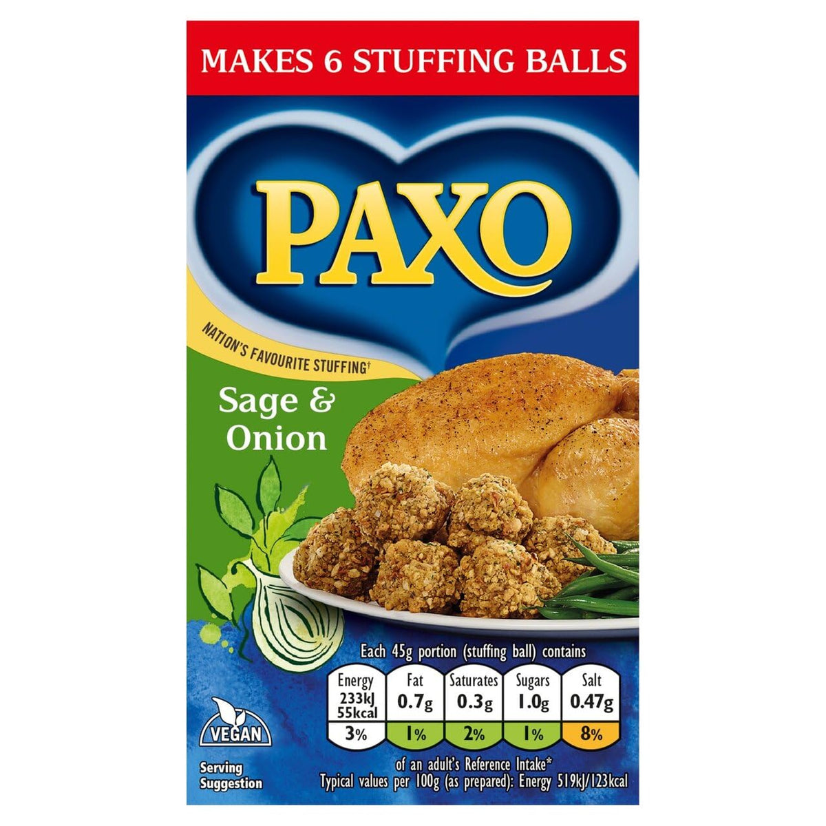 Paxo stuffing mix close-up with sage and onion herbs enhances roast flavor.