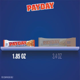 Close-up of PAYDAY bar showing peanuts and creamy caramel texture.