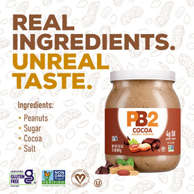 PB2 chocolate peanut butter in a spoon beside yogurt for a low-fat option.
