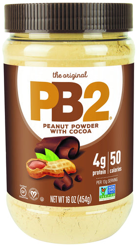 PB2 Cocoa powder jar shows convenient, low-fat indulgence for shakes and baking.